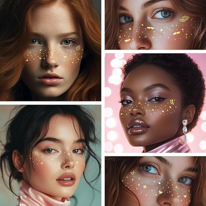 EMOME 16 PCS Gold Glitter Faux Freckles & 6 PCS 4th of July Faux Freckles & 14 PCS Independece Day Face Tattoos with 3 Sheets Face Gems