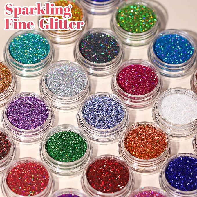 LEOBRO Fine Glitter, 24 Colors Holographic Fine Glitter for Crafts, Resin, Tumblers, Nail Body, DIY Party Decorations