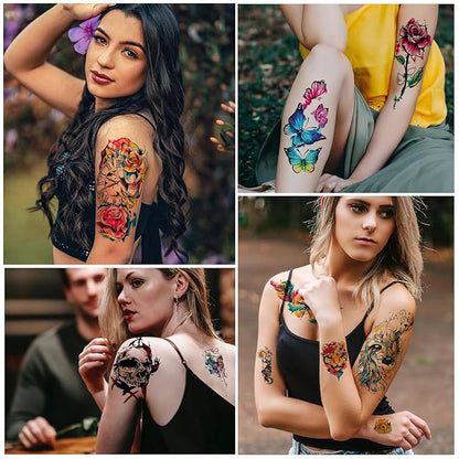 3D Watercolor Temporary Tattoo for Women Men, Colorful Small Half Arm Tattoos Flower Butterfly Cat Fake, Tiny Tattoo Sticker Tiger Wolf Waterproof