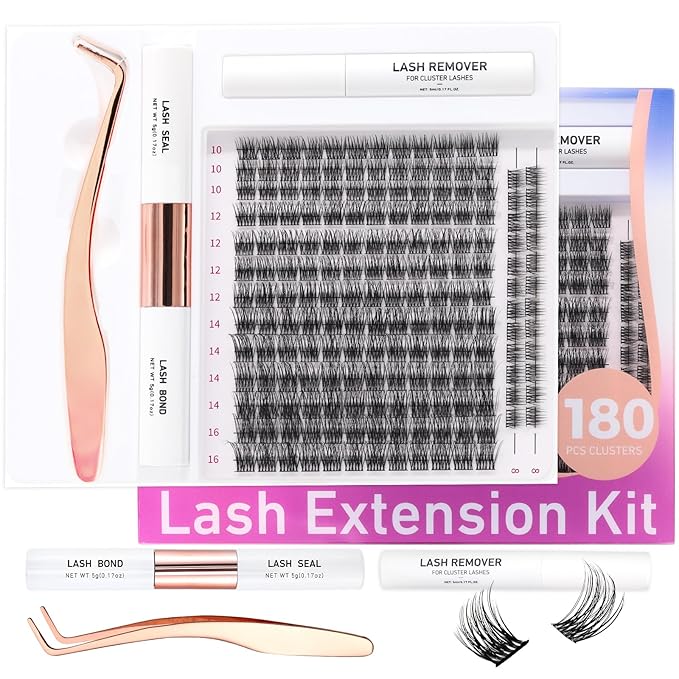 Lash Extensions Kit with 180 PCS Individual Lash Clusters, Eyelash Tweezers for Lash Extensions, Lash Bond and Seal Waterproof, Clusters Lash Glue Remover Easy to Apply at Home