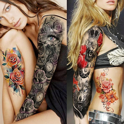 20 Sheets Sexy Rose Flower Full Arm Temporary Tattoos For Women Thigh, Lion Wolf Owl Fox Nun Girl Fake Tattoo Sleeve For Adults, Watercolor Floral Blossom Peacock Halloween Sleeve Tattoo Stickers