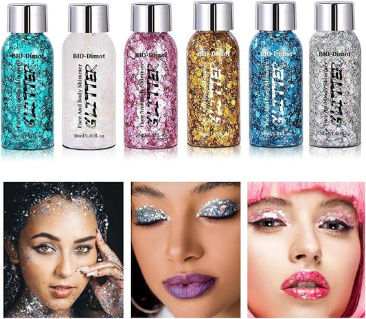 Body & Face Glitter Gel with Applicator | 30ml Mermaid Body Glitter Gel Chunky Sequin Glitter for Singer Concerts, Disco, Festival, Rave Makeup & Hair Accessories (White&Silver&Pink&Gold&Blue&Teal)