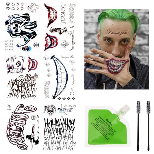 Joker Temporary Tattoos and Hair Color - 6 Sheets Joker Fake Tattoos and 20g Temporary Green Hair Color Wax Set for Halloween, Parties and Cosplay, 2 Black Eyebrow Brushes