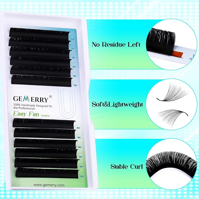 GEMERRY Eyelash Extension Volume Lash Extensions Rapid Blooming 03 05 07 C/D Curl 8-20mm Easy Fan Lash Extensions Mixed & Single Length Tray Self Fanning Lash Extension（0.07-D-10)