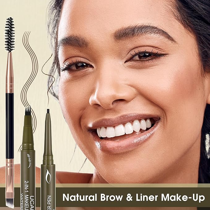 UCANBE Eyebrow Pencils for Women with Spoolie Brush, Dual-Ended Eyebrow Pen with 4-Fork-Tip & Gel Eyeliner, Microblading Brow Pen with Eyeliner Pencil + Brow Brush for Hair Like Brows, Light Brown