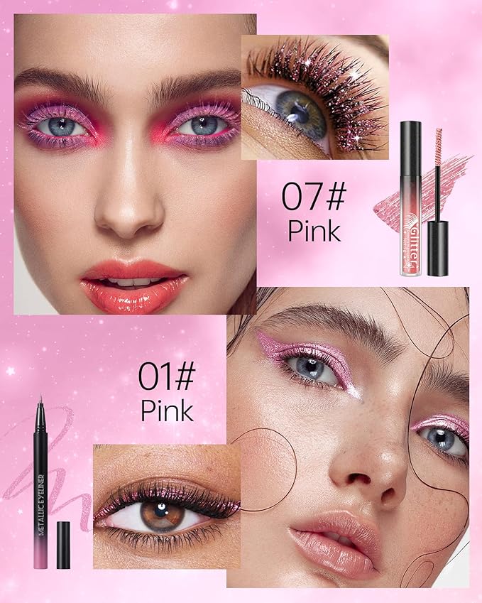 Sliver Mascara and Eyeliner Set,5D Silk Fiber Lash Extension Colored Tube Mascara Volume and Length,Waterproof Glitter Eyeliner Liquid,Long Lasting Smudge-Proof Eye Makeup Kit-Pink