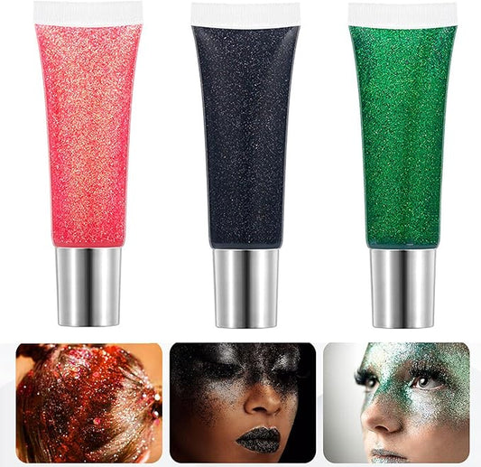 Body Glitter Gel Set Holographic Glitter Festival Makeup for Face Hair Rave Accessories Body Shimmer Glitter Liquid Lotion(red+Green+Black)
