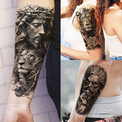 73 Sheets Black Wolf Lion Temporary Tattoos For Men Women, Halloween Half Arm Sleeve Tattoo Stickers Tiger Zeus Jesus Christ Dragon, Temp Gothic Waterproof Fake Tattoos For Adults Owl Skull Skeleton