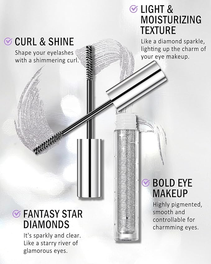 Silver Glitter Mascara + Eyeliner Pen Set, Shimmer Volume Colorful Mascara, Sparkling Liquid Eyeliner, Waterproof, High-Pigmented, All-Day Wear Shine Eye Makeup for Dazzling Looks