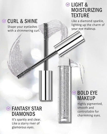 Silver Glitter Mascara + Eyeliner Pen Set, Shimmer Volume Colorful Mascara, Sparkling Liquid Eyeliner, Waterproof, High-Pigmented, All-Day Wear Shine Eye Makeup for Dazzling Looks