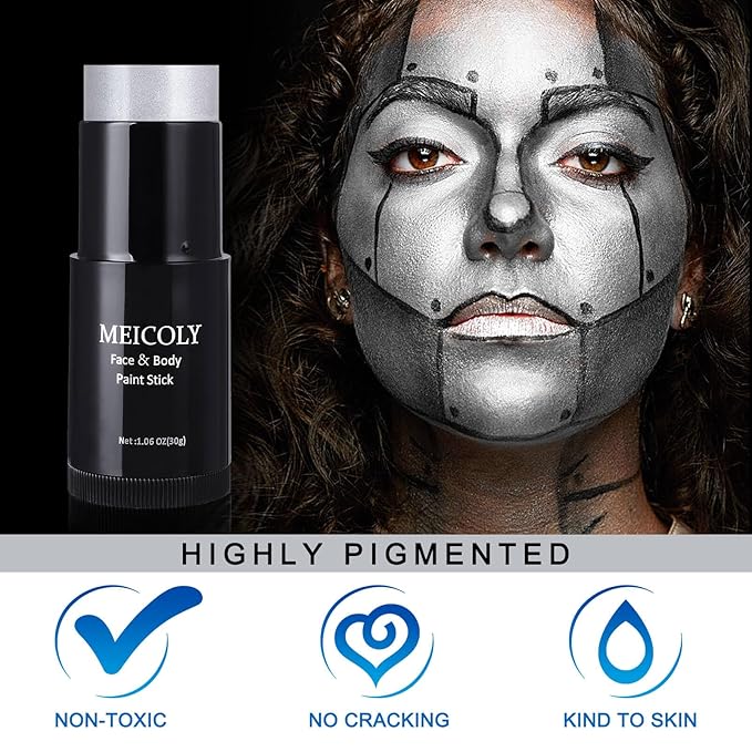 MEICOLY Silver Face Paint Stick(1.06 Oz),Blendable Full Body Paint Stick for Halloween Tin Man Special Effects SFX Cosplay,Sweatproof Waterproof Eye Black for Baseball/Softball/Football