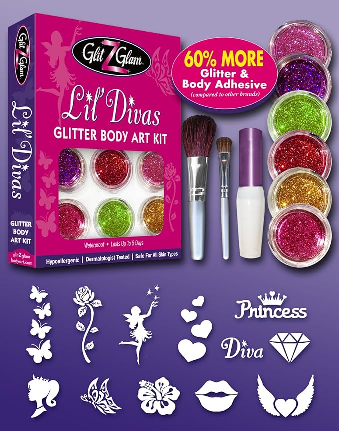 Glitter Tattoo Kit- NEW GLITZ and Lil Divas- with 6 Large Glitters & 12 Stencils - HYPOALLERGENIC and DERMATOLOGIST TESTED! - for boys & Girls. Children Tattoos by GlitZGlam Body Art