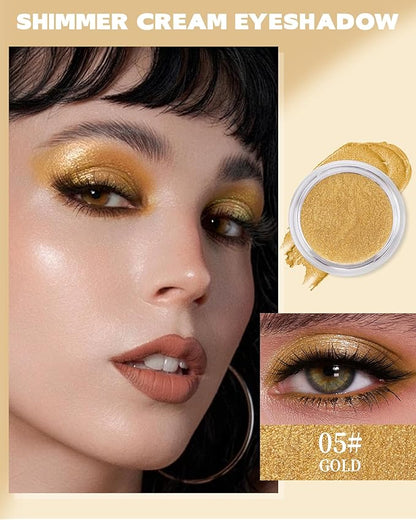 Shimmer Cream Eyeshadow, Ultra-Blendable Glitter Eye Shadow with Moisturizing Formula, Waterproof Long Lasting & Highly Pigmented, Single Creme Eyeshadow Metallic Highlighter Makeup for Women-05#Gold