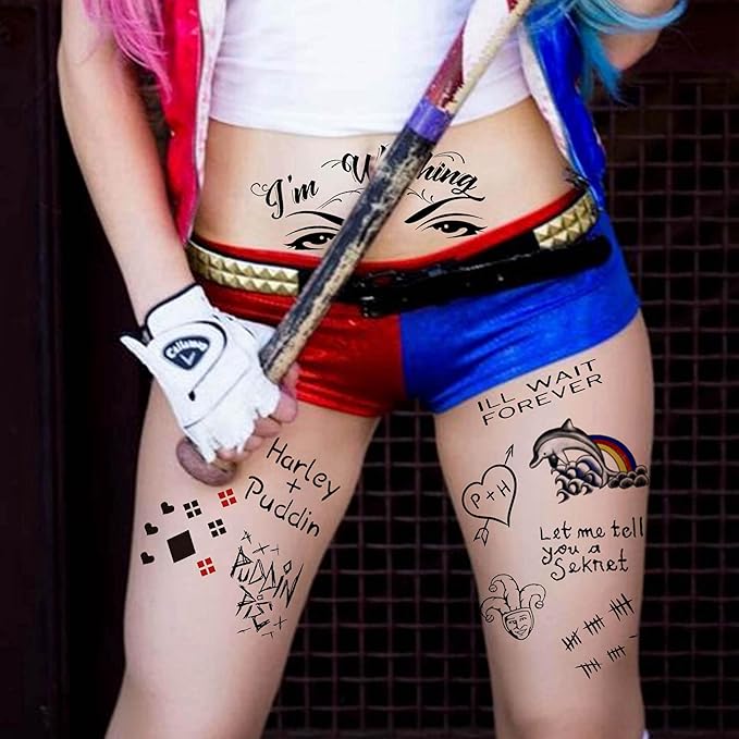 6 Sheets Halloween Joker Tattoo Sticker Decals, Damaged Joker Temporary Tattoos For Men Women Adults, Halloween Face HQ Tattoos Clown, Rave Party Accessories Costume Gothic Fake Tattoo Set