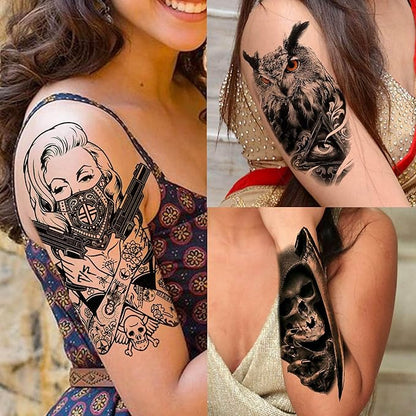 63 Sheets Halloween Black Wolf Tiger Lion Temporary Tattoos For Women Men Arm Sleeve, Scary Skull Skeleton Fake Tattoo Stickers Adults, 3D Long Lasting Tattoos Temporary Tribal Owl Flower Legs
