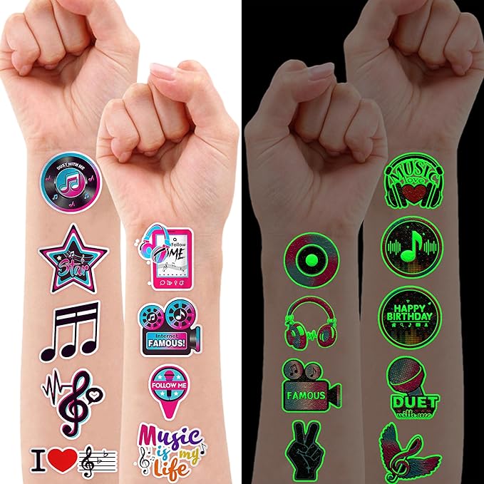 (96PCS) Music Note Notes Musical Motivational Pre-Cut Temporary Tattoos for Kids Birthday Themed Party Supplies Decorations Favors Super Cute Instrument Stickers Tattoo (Luminous)
