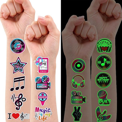 (96PCS) Music Note Notes Musical Motivational Pre-Cut Temporary Tattoos for Kids Birthday Themed Party Supplies Decorations Favors Super Cute Instrument Stickers Tattoo (Luminous)