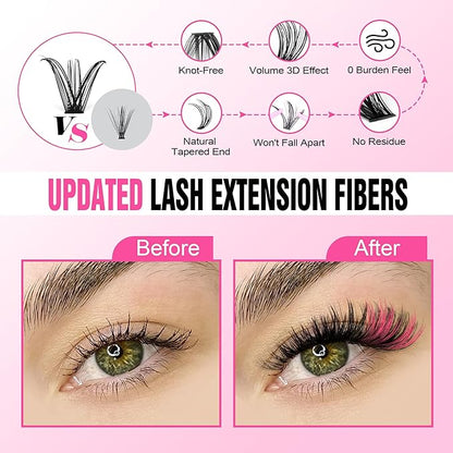 Pawotence Lash Extension Kit DIY Individual Lash Clusters Eyelash Extension Kit 9-16mm Lash Clusters Colored with Lash Bond and Seal, Lash Tweezers for Self Application (40D, 9-16mm, Color Kit)