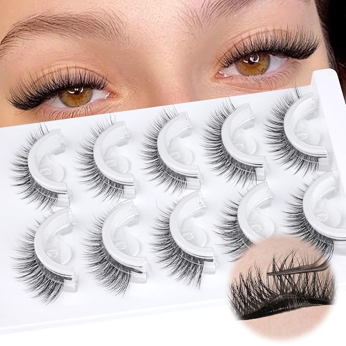 Self Adhesive Eyelashes Natural Look Press On Lashes No Glue Needed Wispy Reusable Self Adhesive Lashes without Eyeliner Clear Band Pre Glued Lashes Cat Eye Lashes Faux Mink Lashes 5 Pairs