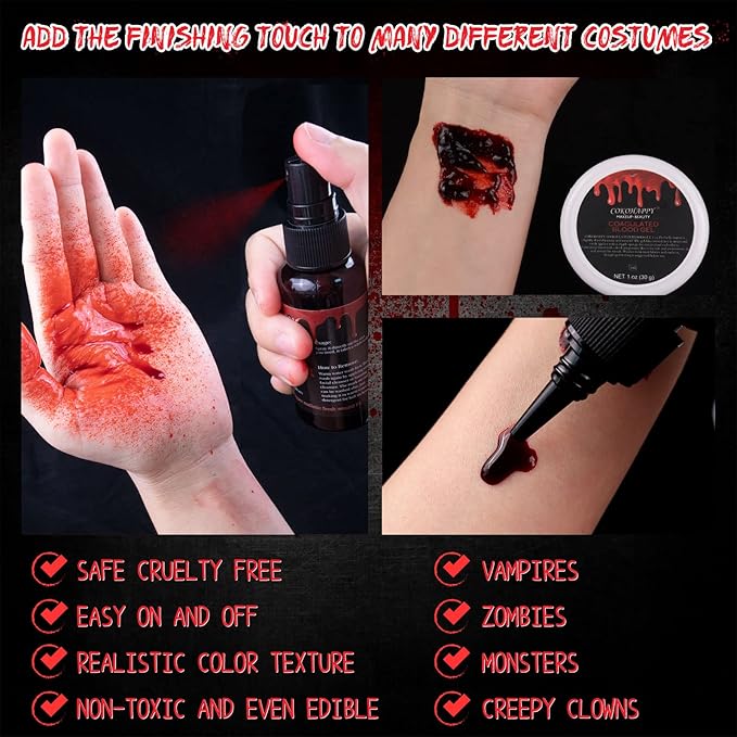 COKOHAPPY 4PCS Fake Blood Kit Halloween Makeup - Coagulated Blood 1.05oz + Fake Blood Spray 1.76oz + Stage Blood 1.76oz, Realistic Washable Special Effects SFX Makeup Set, for Zombie Vampire Monster