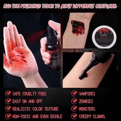 COKOHAPPY 4PCS Fake Blood Kit Halloween Makeup - Coagulated Blood 1.05oz + Fake Blood Spray 1.76oz + Stage Blood 1.76oz, Realistic Washable Special Effects SFX Makeup Set, for Zombie Vampire Monster