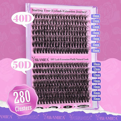 Yawamica Lash Clusters 40D+50D Fluffier Volume Individual Lashes Wispy Eyelash Clusters D Curly Natural Lash Extension 10-16mm Cluster Eyelash Extensions 280pcs for DIY Lash at Home