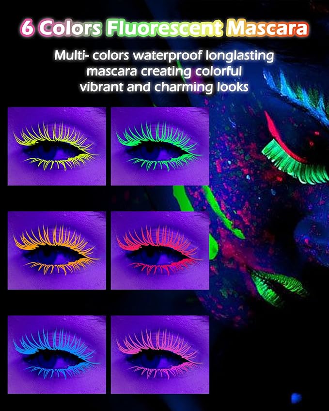 UV Glow Colored Mascara Volume and Length-1 Pcs Green Waterproof Mascara for Eyelashes, Fast Dry Curling Non Clumping Mascara,Long Lasting for St Patrick's day Party,Stage Use,Clubbing Makeup-02
