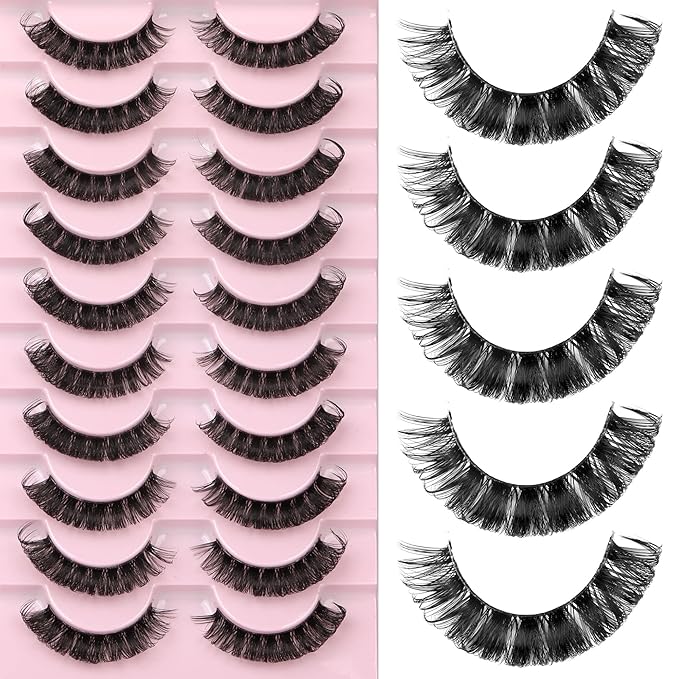Newcally Lashes Nautral Look False Eyelashes Russian Strip Lashes Mink Wispy Lashes Pack D-curly Thick Full Volume Cat Eye Lashes Look Like Extensions 10 Pairs
