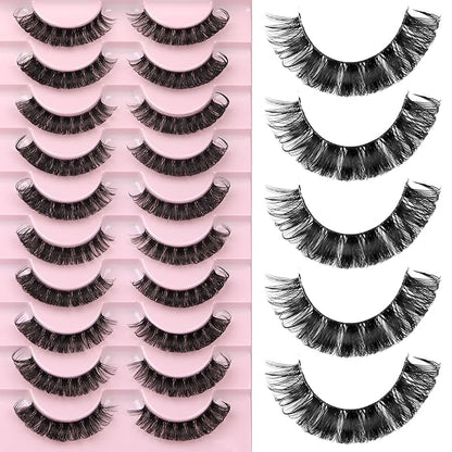 Newcally Lashes Nautral Look False Eyelashes Russian Strip Lashes Mink Wispy Lashes Pack D-curly Thick Full Volume Cat Eye Lashes Look Like Extensions 10 Pairs