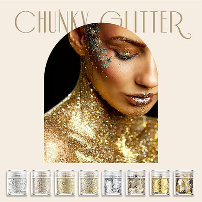 GABOX 8-Jar Gold Silver Glitter Set, Holographic Fine Powder & 1mm & 2mm & 3mm Sequins Flakes Set for Cosmetic - Nail - Resin, Iridescent Art Glitter for Body, Face, Eyes, Hair & Crafts