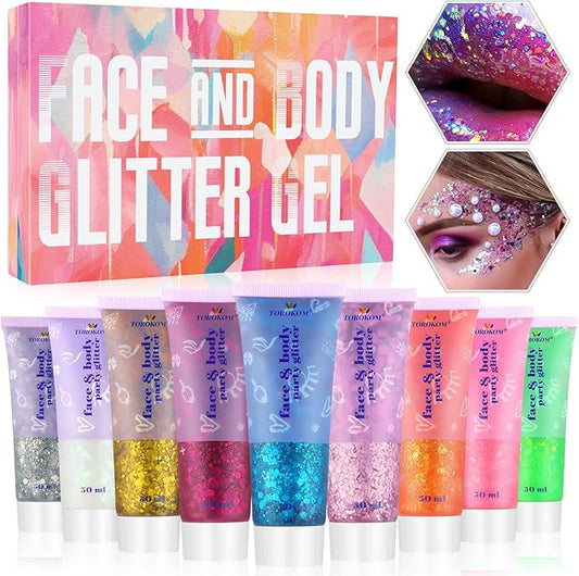 9Colors Face Body Glitter Gel, TOROKOM Sparkling Holographic Face Glitter Gel Mermaid Cosmetic Glitters Flakes Gel Long Lasting Chunky Glitter for Valentine's Day Party Rave Eye Lip Hair Nail Body