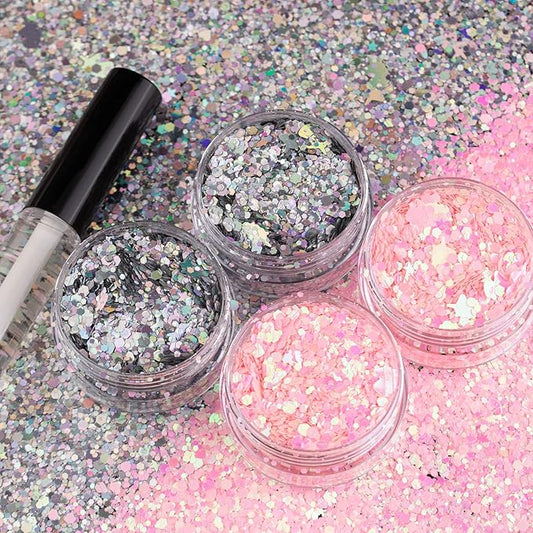 2 Colors of Holographic Chunky Glitter with Quick Dry Glue Pack 4, 4 Pots Total 40g Multi-Shaped for Body Hair Face Eyes Make-up, Nail Art and Bedazzling in Party/Concert/Events Glitter