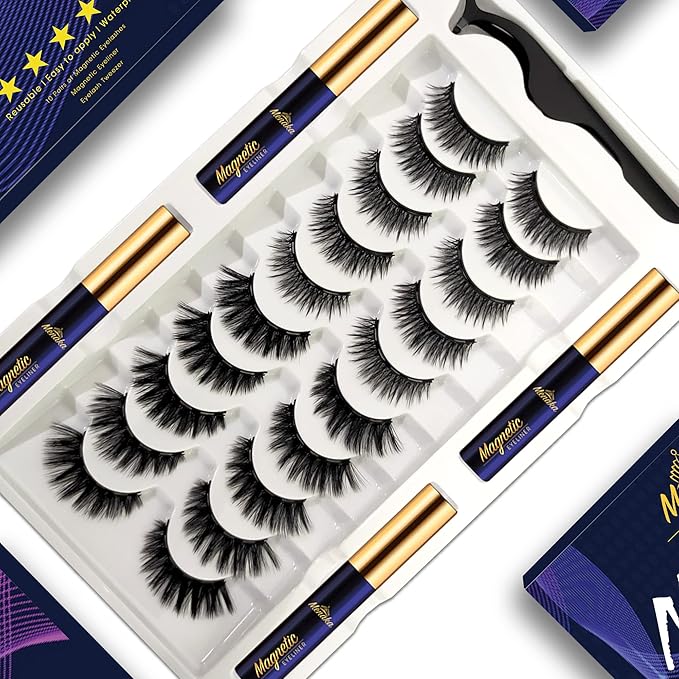 Magnetic Eyelashes with Eyeliner Kit 10 Pairs + Mascara brown Waterproof