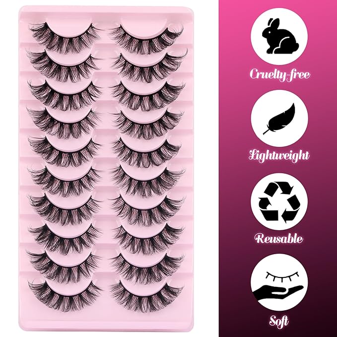 Ahrikiss Russian Strip Lashes D Curl False Eyelashes Fluffy Wispy Faux Mink Lashes 10 Pairs Pack (D07)