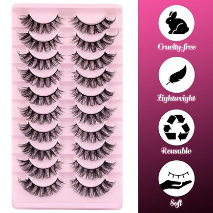 Ahrikiss Russian Strip Lashes D Curl False Eyelashes Fluffy Wispy Faux Mink Lashes 10 Pairs Pack (D07)