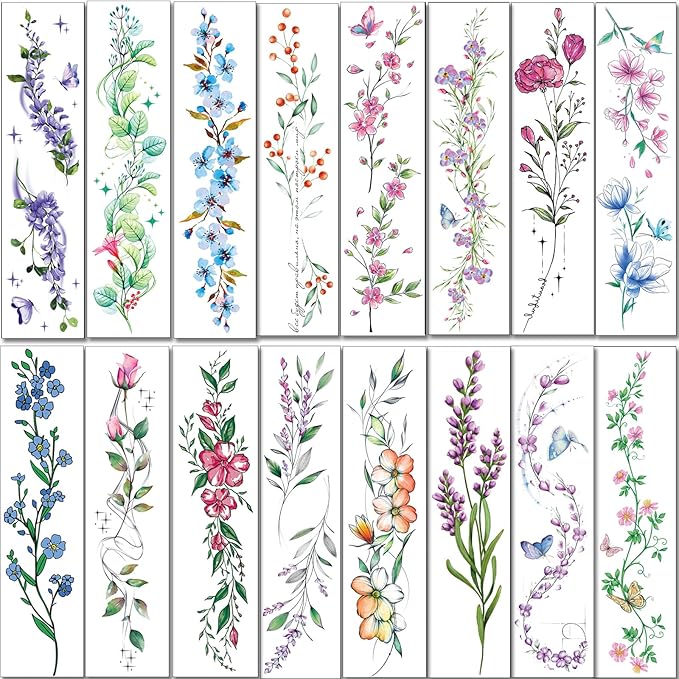 Tazimi Watercolor Temporary Tattoos For Women Girls-24 Sheets Colorful Flower Lavender Rose Vine Forget-me-not Plum Blossoms Wild flowers Realistic Waterproof Tattoo Stickers Body Art