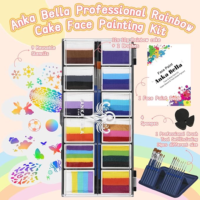 Professional Face Painting Kit for Kids,12X10gm Water Based Split Cake Face Paint with Stencil & Brushes,Hypoallergenic & Non-Toxic,Gift for Birthday Parties/Halloween/Carnival