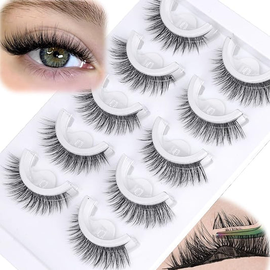 Self Adhesive Eyelashes Short 8-14mm Natural Self Adhesive Lashes No Glue Needed Invisible Band Reusable Press On Lashes without Eyeliner Cat Eye Pre Glued Mink Lashes 5 Pairs False Lashes by YDAGKH