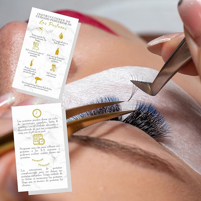 Spanish Lash Aftercare Instructions | 50pk | Cuidado Posterior de la Extensión de Pestañas | 2 x 3.5” inch Card for clients | Eyelash Extension Supplies marble gold beautiful, 2-3 week refills fillers