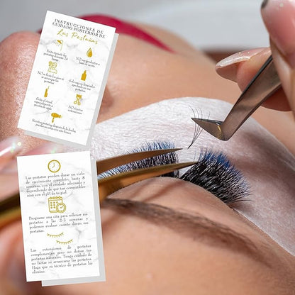 Spanish Lash Aftercare Instructions | 50pk | Cuidado Posterior de la Extensión de Pestañas | 2 x 3.5” inch Card for clients | Eyelash Extension Supplies marble gold beautiful, 2-3 week refills fillers