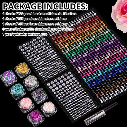 Rainbow Face Gem Stickers and Chunky Glitter Set 9, 1294 Pcs 3-6mm Rhinestones and 8 Pots Chunky Glitter, With Glue for Makeup Eyes Hair Body Nails, Crafts and Decorations