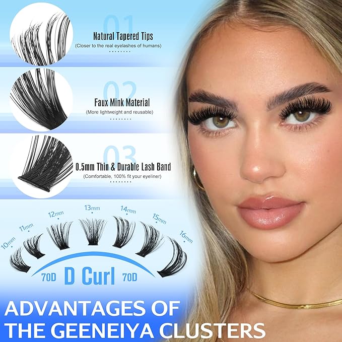 Geeneiya Wispy Lash Clusters Kit 70D+90D Lash Extension Kit 10-18mm Natural Cluster Eyelash Extensions Kit Individual Lashes with Waterproof Lash Bond and Seal Glue, Lash Tweezers (300PCS)
