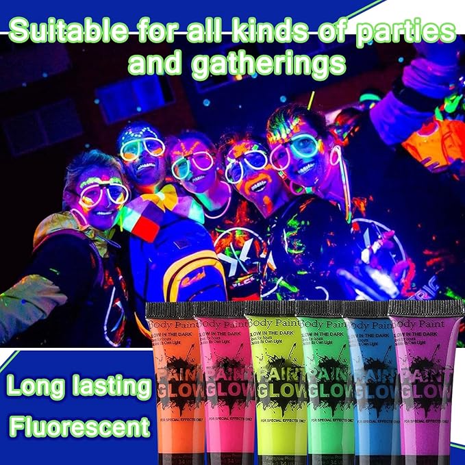 Glow in the Dark Face & Body Paint Set - 6 Colors, Professional Kit for Party, Cosplay, Blacklight Glow SFX Makeup, 10 ml
