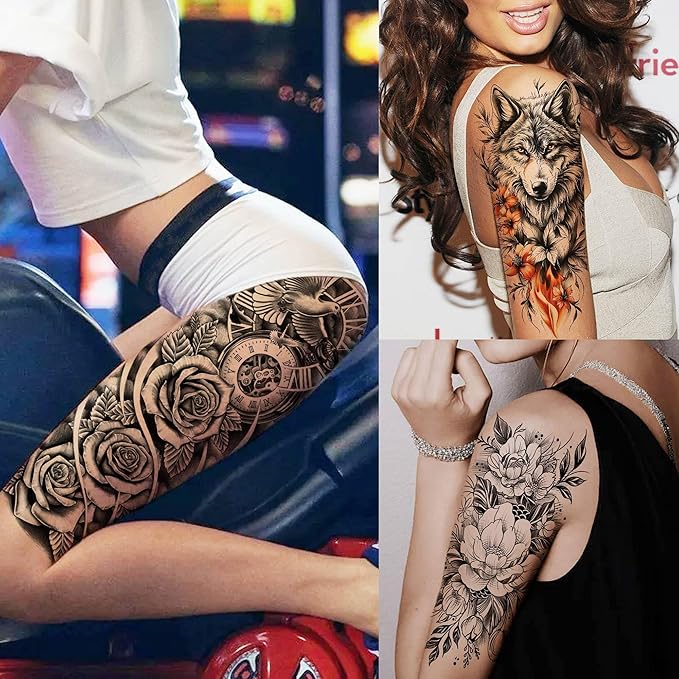 20 Sheets Full Arm Sleeve Temporary Tattoos For Women Girls Thigh, Rose Flower Tribal Eye Compass Clock Fake Tattoo Sleeve For Adults, Long Lasting Peony Florals Peace Dove Black Tattoo Stickers