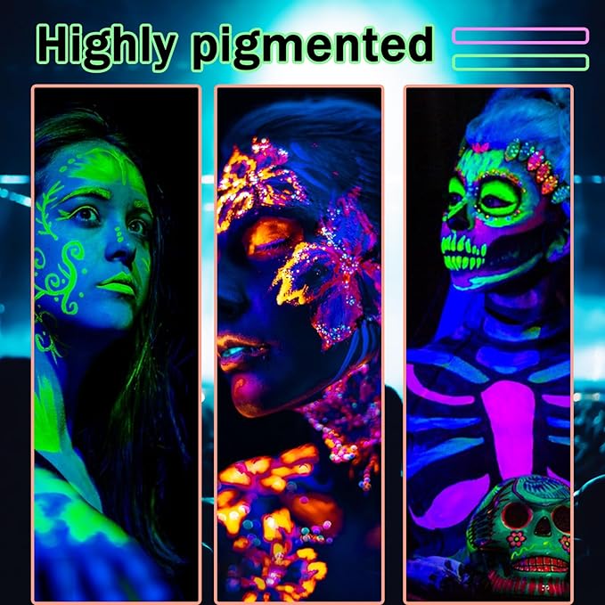 Glow in the Dark Face Body Paint,Blacklight Neon Halloween Face Paint,Neon Fluorescent Body Paint for Halloween Festivals Stage Christmas Party and Events,Set of 6 Tubes