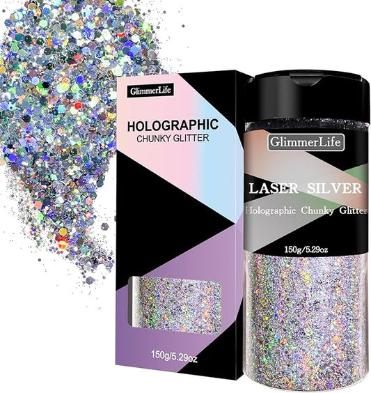 GlimmerLife Silver Chunky Glitter, 150G/5.29OZ, Craft Glitter, Metallic Iridescent, Holographic, DIY Decorations