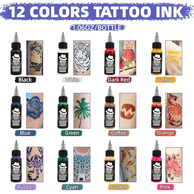 Ophir Airbrush Body Paint, 12x Airbrush Tattoo Ink Pigment Set for Airbrushing Temporary Tattoo Airbrush Body Tattoo Colors 1.06oz/Bottle