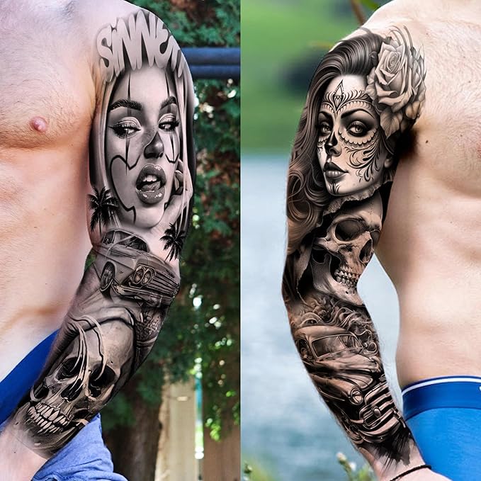 18 Sheets Chicano Full Arm Temporary Tattoos For Men Women Thigh, Chicana Guadalupe Joker Gangster Nun Girl Fake Sleeve Tattoos For Adults, Temp Bulk Jesus Christ Prison Black Halloween Tattoo Sticker