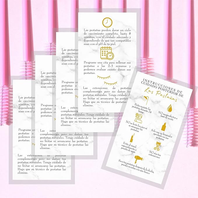 Spanish Lash Aftercare Instructions | 50pk | Cuidado Posterior de la Extensión de Pestañas | 2 x 3.5” inch Card for clients | Eyelash Extension Supplies marble gold beautiful, 2-3 week refills fillers