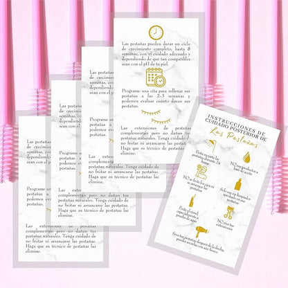 Spanish Lash Aftercare Instructions | 50pk | Cuidado Posterior de la Extensión de Pestañas | 2 x 3.5” inch Card for clients | Eyelash Extension Supplies marble gold beautiful, 2-3 week refills fillers